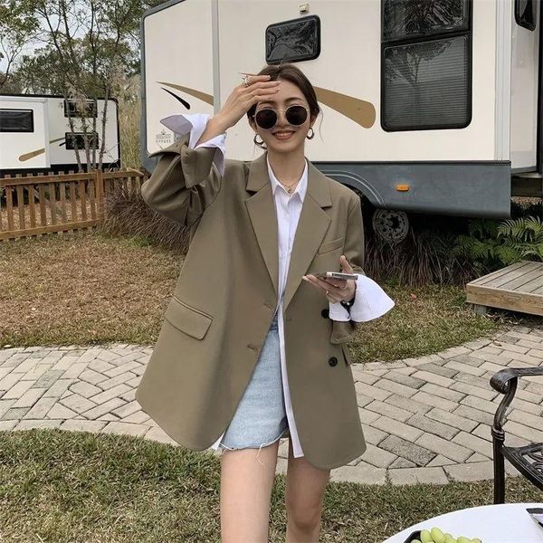 

women's suits & blazers autumn casual fashion black suit jacket retro loose corner collar pocket long sleeve ladies office top, White;black