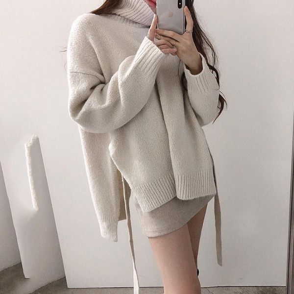 

women's sweaters [ewq]fashion chic apricot knitted pullovers women autumn winter 2021 turtleneck loose long sleeve irregular split swea, White;black