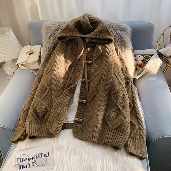 

women's knits & tees sweater jacket 2021 fashion knitted cardigan clothing korean harajuku horn button long-sleeved hooded vintage muje, White