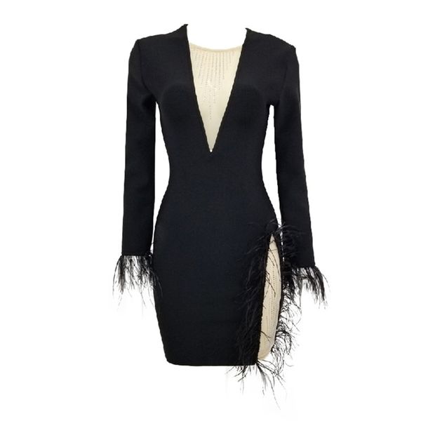 

elegant bandage women dress beading v neck party club bodycon dresses autumn winter clothing 210515, Black;gray