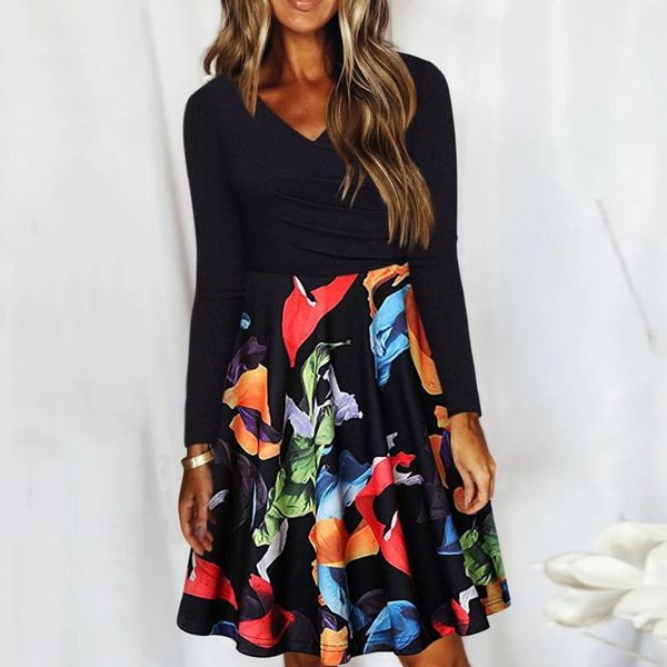 

casual dresses women autumn black printed long-sleeved low-cut mini dress fall clothes for robe vestidos, Black;gray