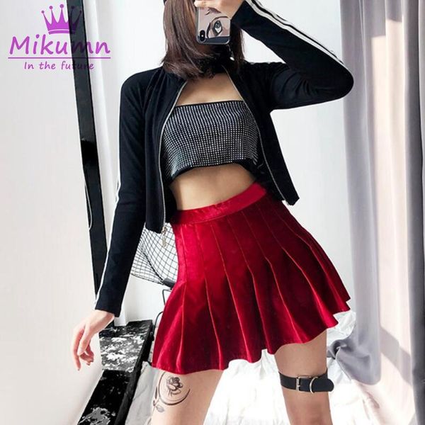 

skirts autumn winter harajuku punk style women mini hight waist gold velvet pleated skirt for female girls short xs-xl, Black