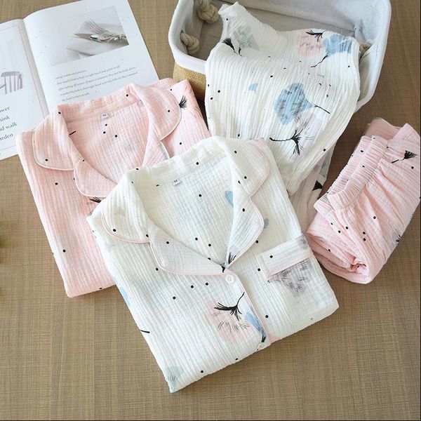 

spring and autumn washed crepe womens sleepwears long sleeve cotton gauze pajamas thin soft printing sleepwear plus size women two, Black;red