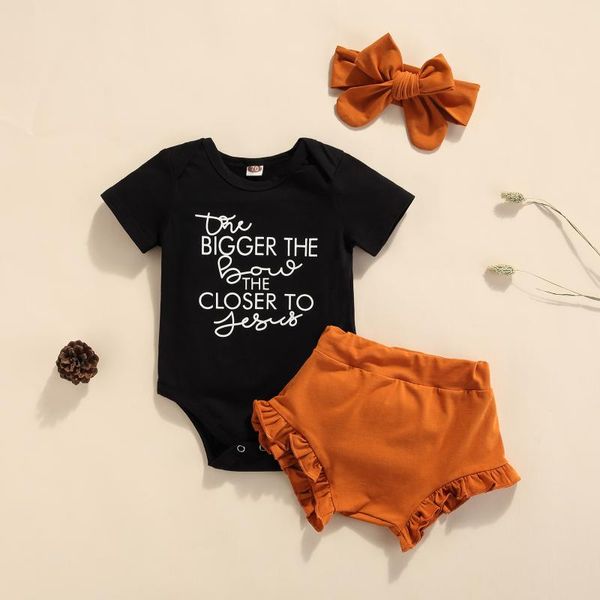 

clothing sets summer 2021 cute casual baby girls clothes set cotton letter print romper+ruffle shorts+headband 3pcs kids children outfits, White