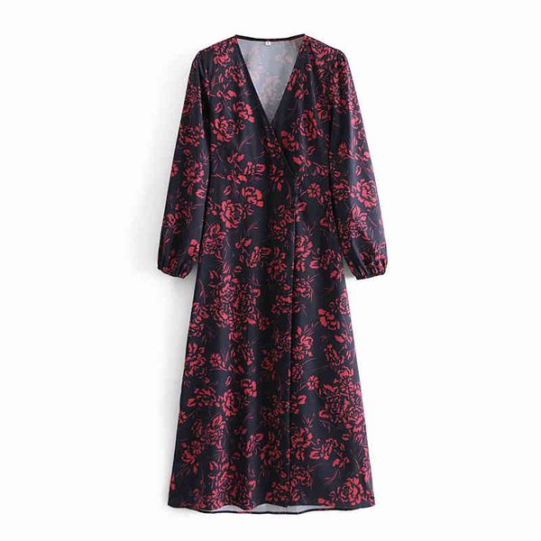 

vintage women floral print dresses elegant ladies v-neck button side slit dress chic female causal slim long vestidos 210427, Black;gray