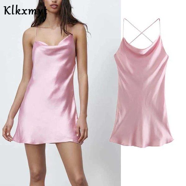 Klkxmyt Za Abito Donna Rosa Raso Corto es Summer Donna Backless Spaghetti Strap Sexy es Ladies Club Night 210527