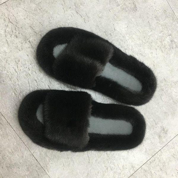 

slippers european station luxury fashion fur ladies 100% flat heel1, Black