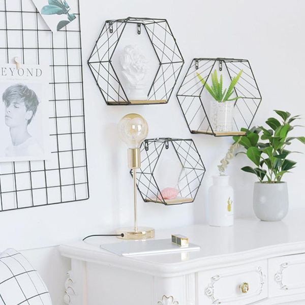 

nordic minimalist black hexagon iron racks multifunctional wall decorative shelf hanging bedroom room m7h2 objects & figurines