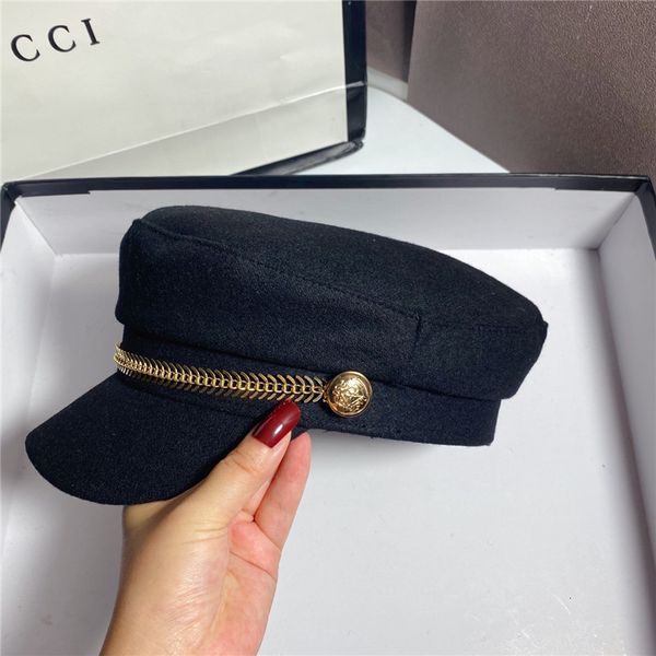 

autumn and winter tweed navy hat metal chain flat sunscreen hat temperament versatile cap, Yellow