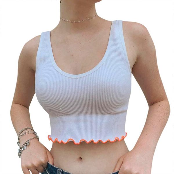 

women's tanks & camis rib knit tank v neck sleeveless color block lettuce trim crop, White