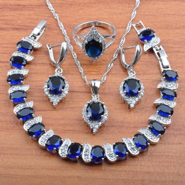 

earrings & necklace sparkling blue zirconia crystalsilver color jewelry set for women pendant rings bracelet js0514, Silver
