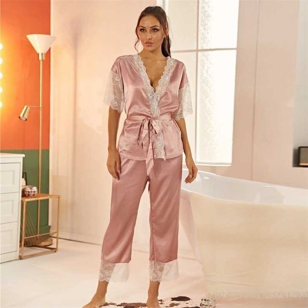 Contraste Lace Scallop Trim Belted Satin Top Calças Longas Mulheres Sleepwear Pijamas Set Soft Nightwear 211103