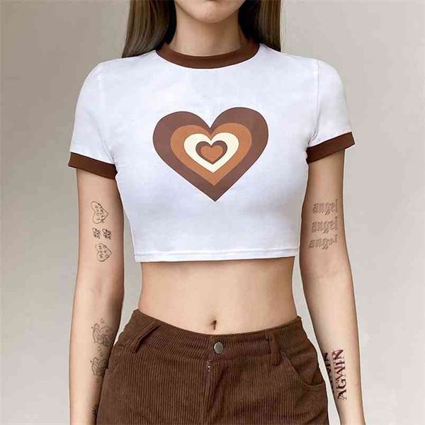 Kawaii Heart Print Y2K Футболка с коротким рукавом Женская мода Женщины Harajuku Летний Урожай для девочек Белые Tees Рубашка 210510