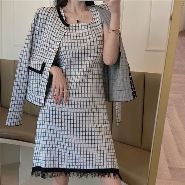 

skirt korean casual fall winter knitted set women sweater cardigan + bodycon dress two piece outfits female sweat suits nm1t, Black