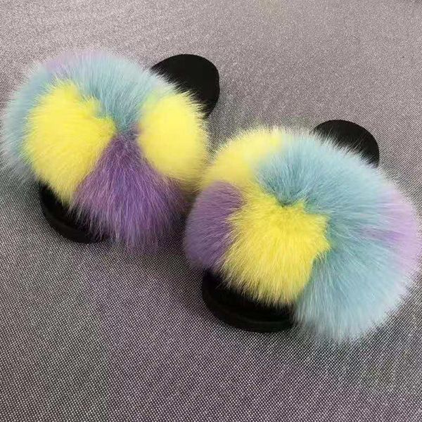 

slippers women summer real fur slides non-slip fluffy furry ladies cute plush foxfur flip flops, Black