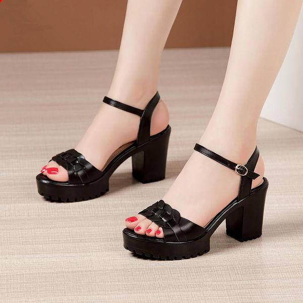 

sandals plus size 32-43 block high heels summer wedding shoes 2021 genuine leather women chunky platform, Black