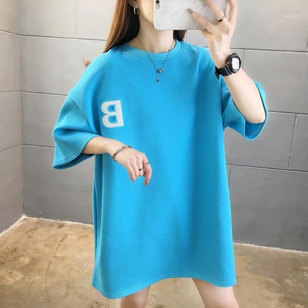 

summer women blue t-shirt brand letter print cotton t shirts female o-neck short sleeve tshirts casual loose solid tees women's, White