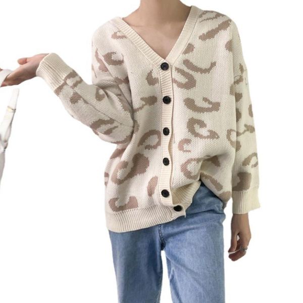 

women's knits & tees women autumn knit sweater, adults button-down leopard pattern long sleeve v-neck cardigan, White
