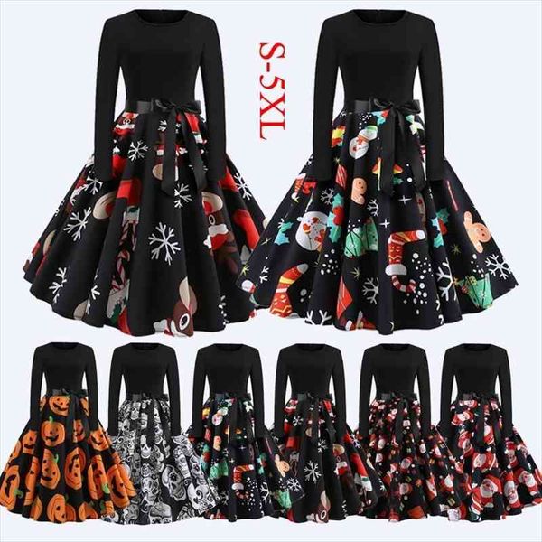 

6 styles christmas autumn women dress winter fashion casual long sleeve xmas clothes plus size halloween print fluffy party, Black;gray