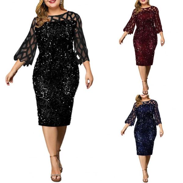 

casual dresses ladies slim dress sequins temperament mesh stitching small split for banquet, Black;gray