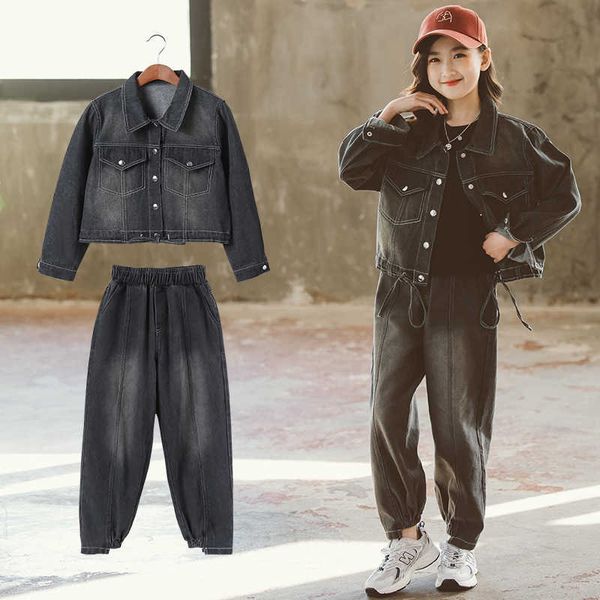 

new arrival girls denim outfits autumn children black denim coat and trousers two piece soild color clothes set for teenage 8 12 y0909, White