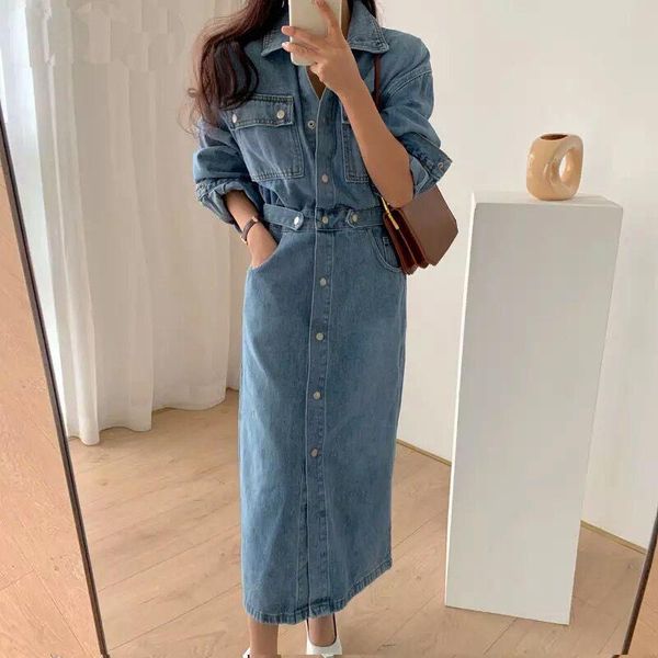 

casual dresses women denim long sleeve dress autumn turn down collar jeans korean fashion blue maxi single-breasted with pockets, Black;gray