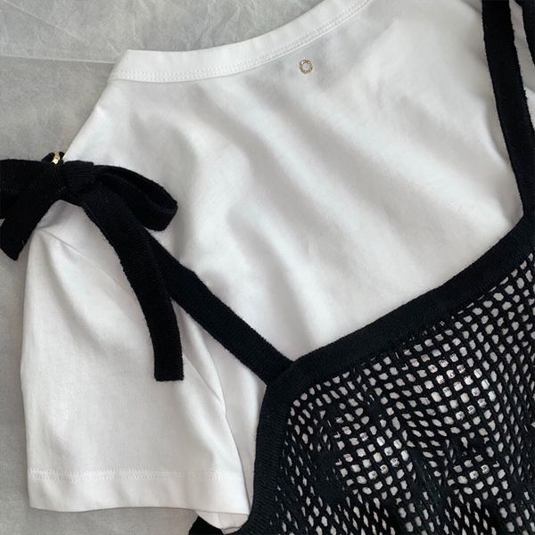 

women's t-shirt designer 2022 new women summer lady o-neck short sleeve t-shirt with hollow out knitted straps contrast color two piec, White