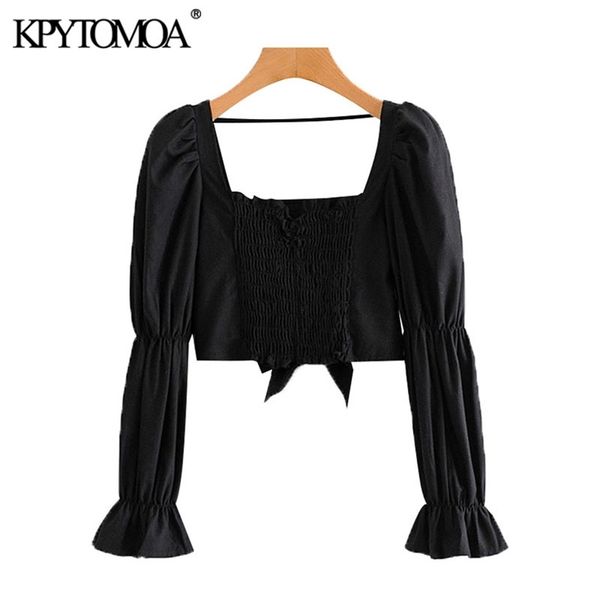 

women fashion back bow tied cropped blouses vintage long sleeve elastic smocked female shirts blusas chic 210421, White