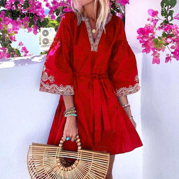 

casual dresses vintage spring three-quarter sleeve ruffle women loose bandage boho mini embroidery v neck party vestidos vxi4, Black;gray