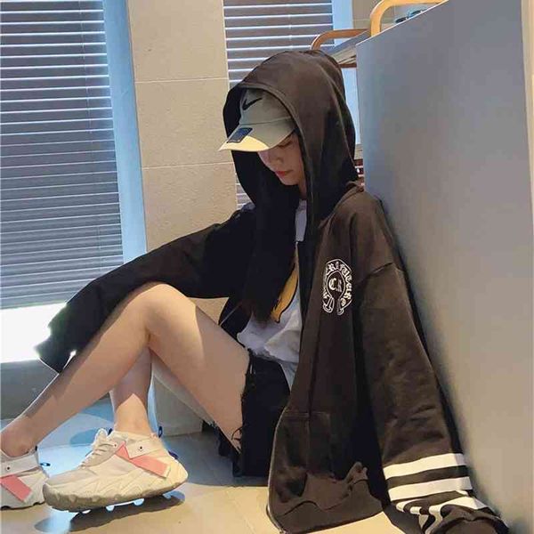 

65% off outlet online store hooded sweater women's coat thin loose medium length spring and autumn winter new lovers hip hop plush zipp, Black