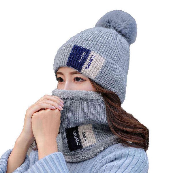 

hat female knitted warm wool hat in autumn and winter korean version with ffy ball cover winter double color code, Blue;gray