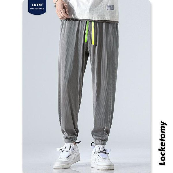 

men's pants thin loose legged ice nine point casual trend quick drying striped air conditioning mens hip-hop clothing, Black