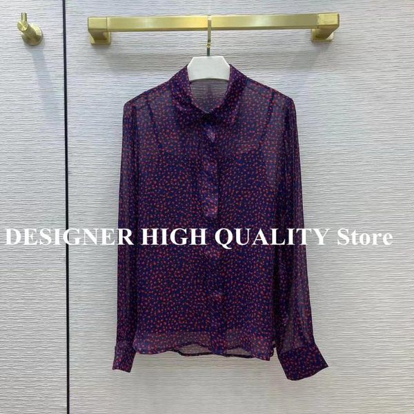 

women's t-shirt runway designer purple 100% silk shirt women turn-down collar long sleeve transparent heart print pattern retro t, White