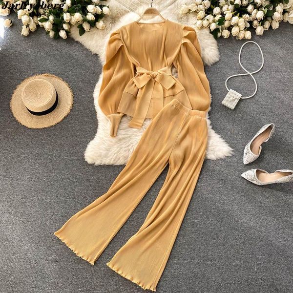 

women's two piece pants 2021spring autumn elegant women purple pant suits solid puff sleeve pleated chiffon wide-leg 2 set female outfi, White