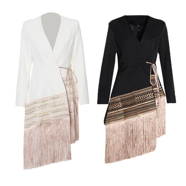 

women's suits & blazers 2021 autumn winter long sleeve women blazer outwear embroidered jacquard irregular fringed hem to gather waist, White;black