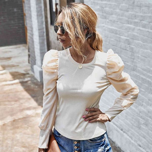 

blouses white elegant long lantern sleeve knitted blouse for office lady casual solid o neck female slim blouses women