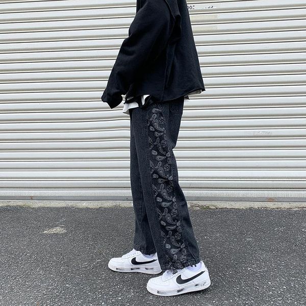 

men's pants denim korean fashion ins spring and summer loose straight tube harajuku street casual streetwear men, Black