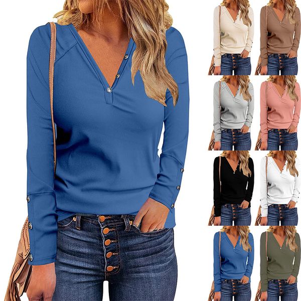 

2021 autumn button v-neck versatile long sleeve t-shirt women's wear, White