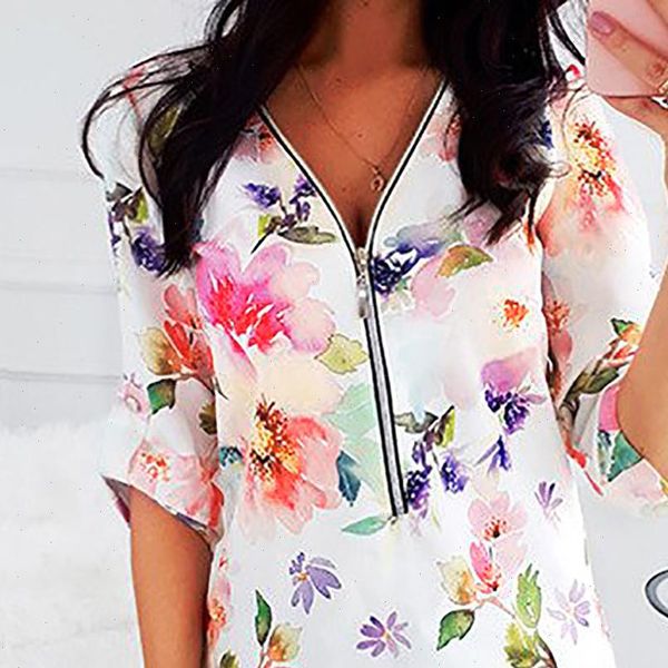 

and v neck womens shirt floral print zipper long sleeve women blouse female ladies casual plus size 5xl, White