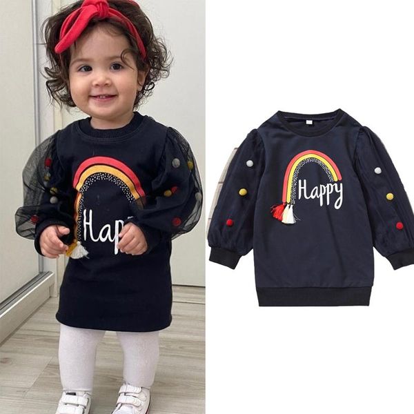 

girl's dresses 1-6y autumn fashion kids girls sweatshirts dress outfits mesh puff long sleeve pullover rainbow print length straight, Red;yellow