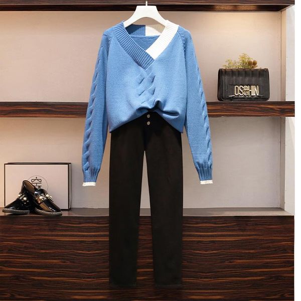 

women's two piece pants women winter tracksuit set suit v neck knit sweater and slim large matching outfit female plus size clothes, White