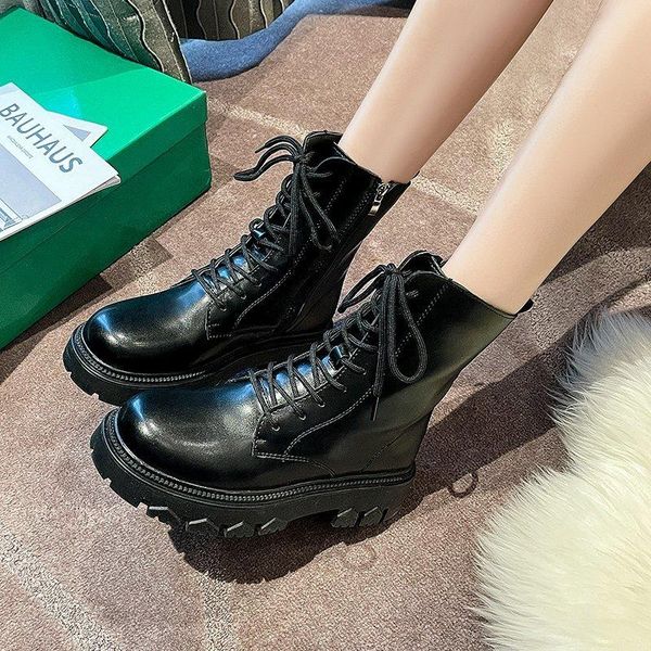 

boots 2021 mid calf women autumn winter fashion lace-up zipper botas mujer sports platform heel ladies shoes, Black