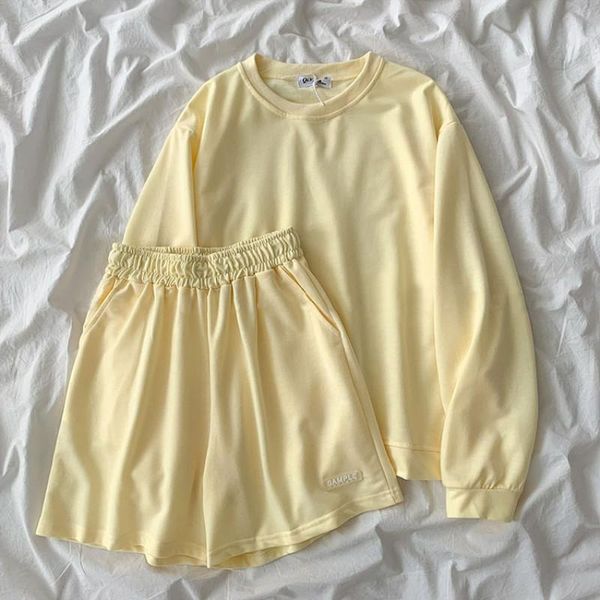 

summer korean women's two piece set tracksuits sweatshirts elastic high waist shorts sets outfit solid suits with, Gray