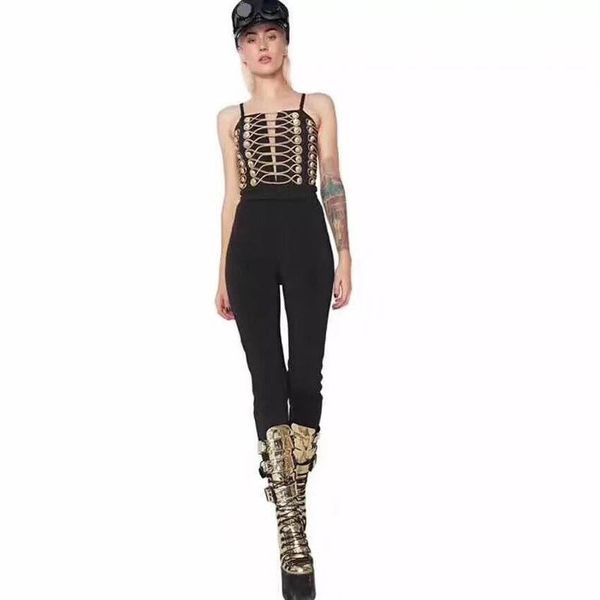 

women's jumpsuits & rompers 2021 style women bandage spaghetti strap v-neck backless sequined lace up celebrity body con wholesale, Black;white