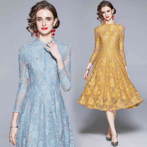 

casual dresses 2021 new summer temperament women lace slim long elegant vintage designer yellow /blue over the midi a-line j42q, Black;gray