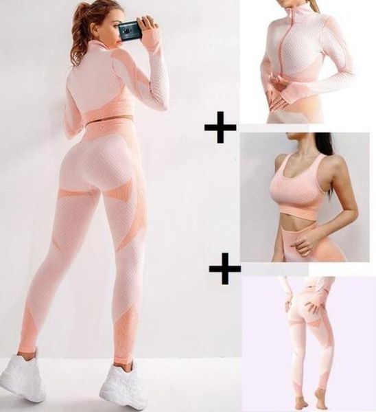 

3pcs women seamless gym set yoga clothes bra suits clothing female fitness sport long sleeve suit running, Black