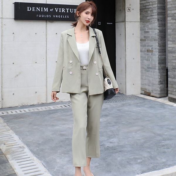 

women's two piece pants autumn winter fashion women's double-breasted jacket & 2 two-piece office celebrity party set odtr, White