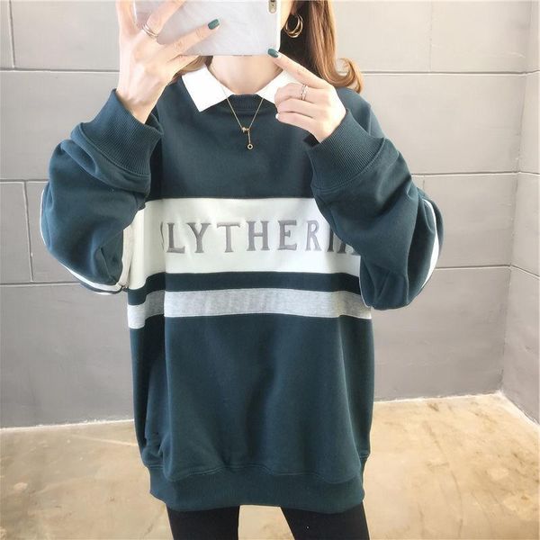 

women's hoodies & sweatshirts women hoodie preppy style color matching stripe letter embroidery female neck loose cozy sweatshirt pullo, Black