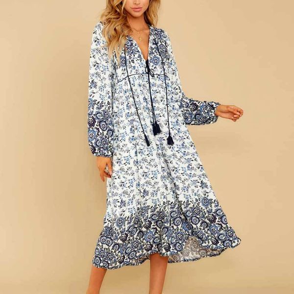 

inspired pink dress rayon floral print long dess v-neck sleeve tassel tied women dresses spring summer dress 210412, Black;gray