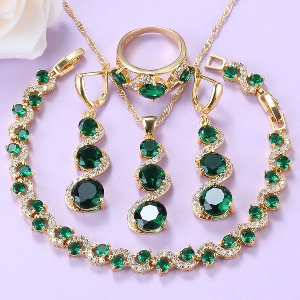 Brincos Colar + Cubic Zirconia Traje Green Jewelry Conjuntos de Ouro-Cor Mulheres Africanas e Pulseira Anel Casamento